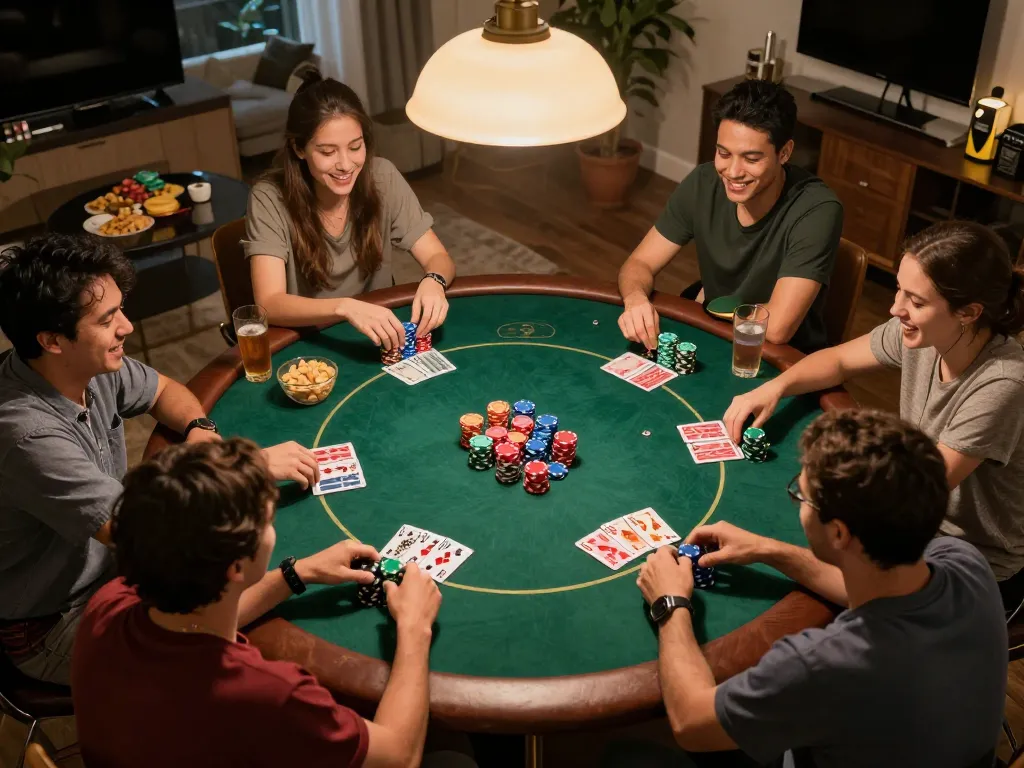 Friends enjoying a game night with poker at home, showcasing the exciting atmosphere of w188 com in casual gameplay.