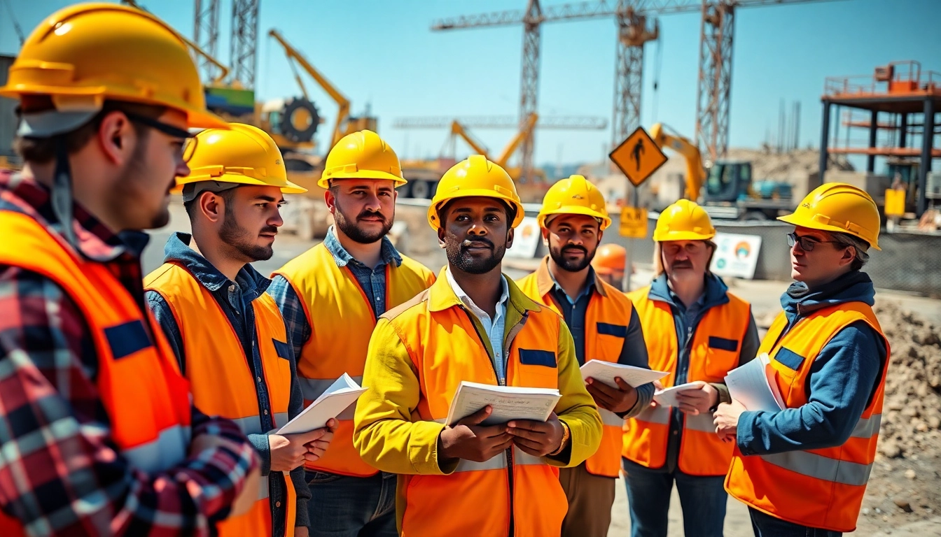 Engaged construction workers participating in construction safety training at a job site.