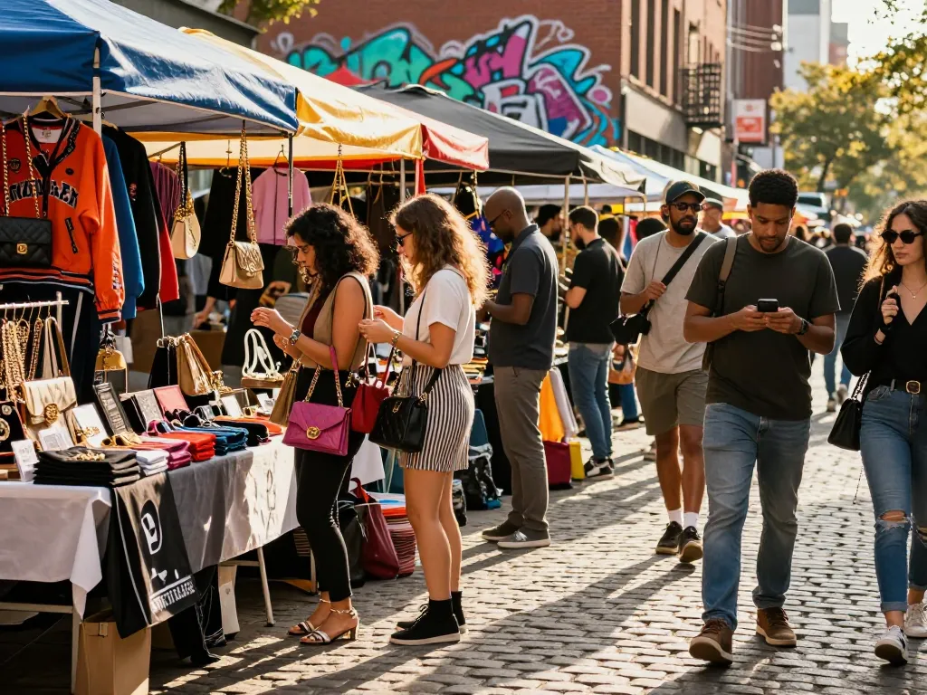 Shoppers exploring stylish 레플리카 fashion items in a vibrant urban marketplace.