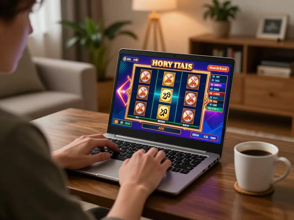 Player enjoying online casino games on 92slot com with engaging slot graphics and cozy ambiance