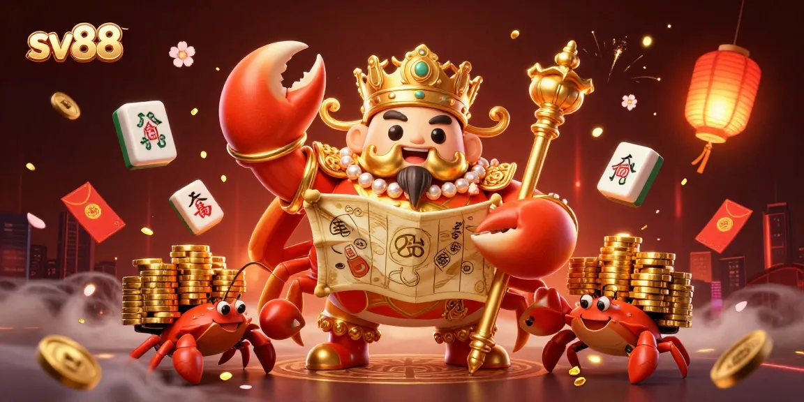 Engage in vibrant gameplay at sv88 with a golden crab emperor amidst festive gaming elements.