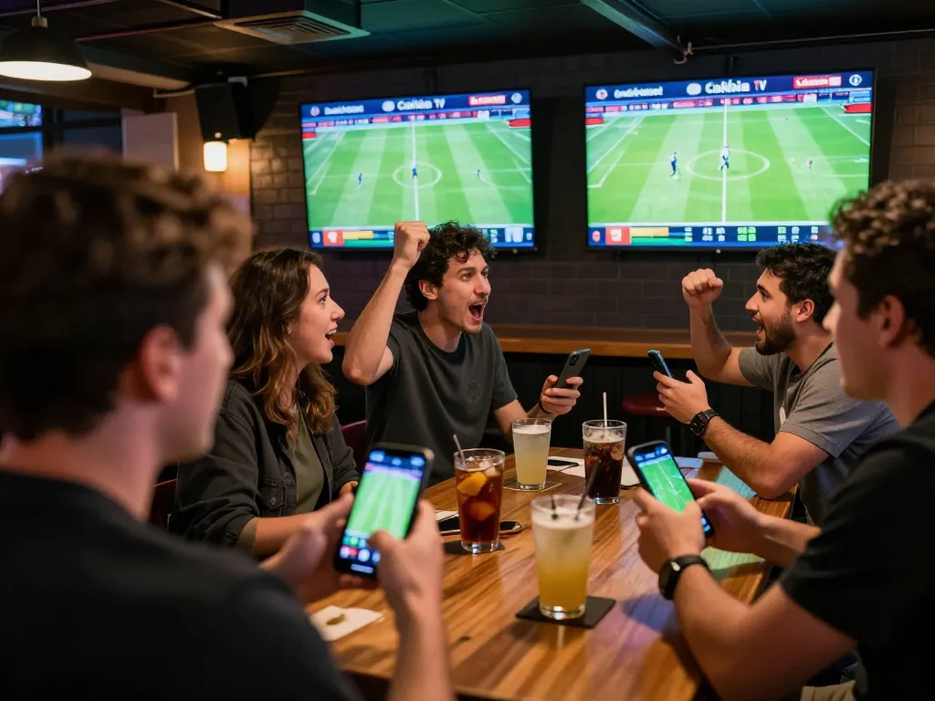 Cakhia TV sports betting scene with friends analyzing live odds in vibrant sports bar atmosphere.
