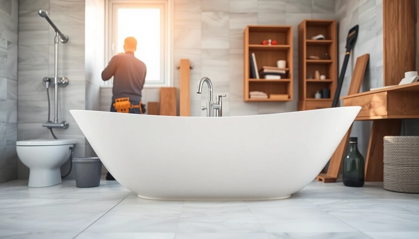 Skilled bathroom builders renovating a luxurious space with elegant features and natural light.