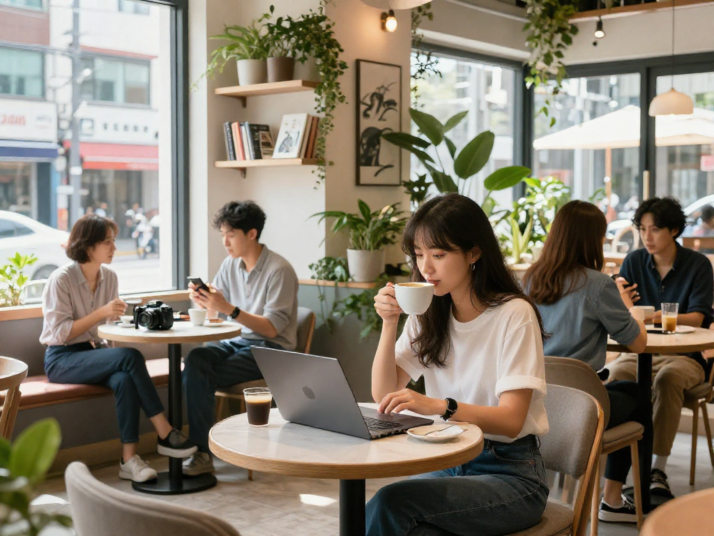 강남쩜오 멀리건에서 편안한 분위기 속 커피를 즐기는 젊은 여성의 모습