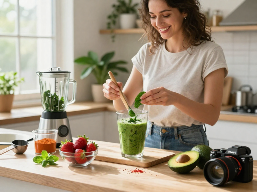 Woman preparing a nutritious smoothie with natural astaxanthin ingredients in a bright kitchen.