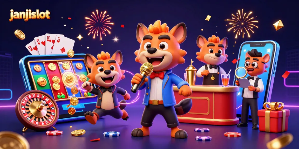 Join the janjislot fun at a vibrant casino scene with hyenas in action, celebrating wins!
