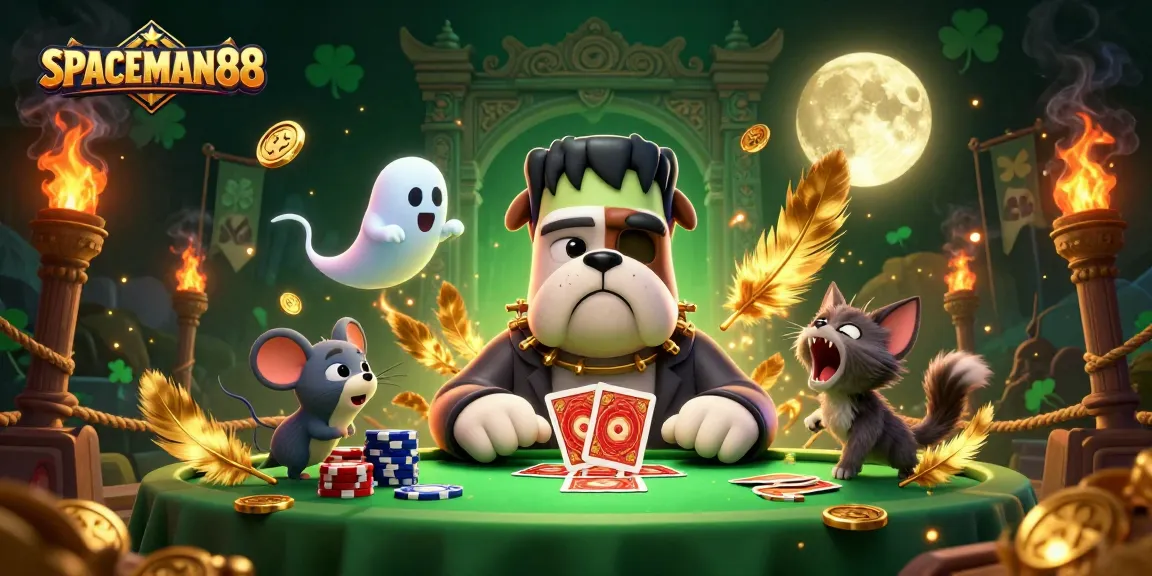 SPACEMAN88 features a cartoon bulldog dealer handling cards in an immersive spooky casino scene.