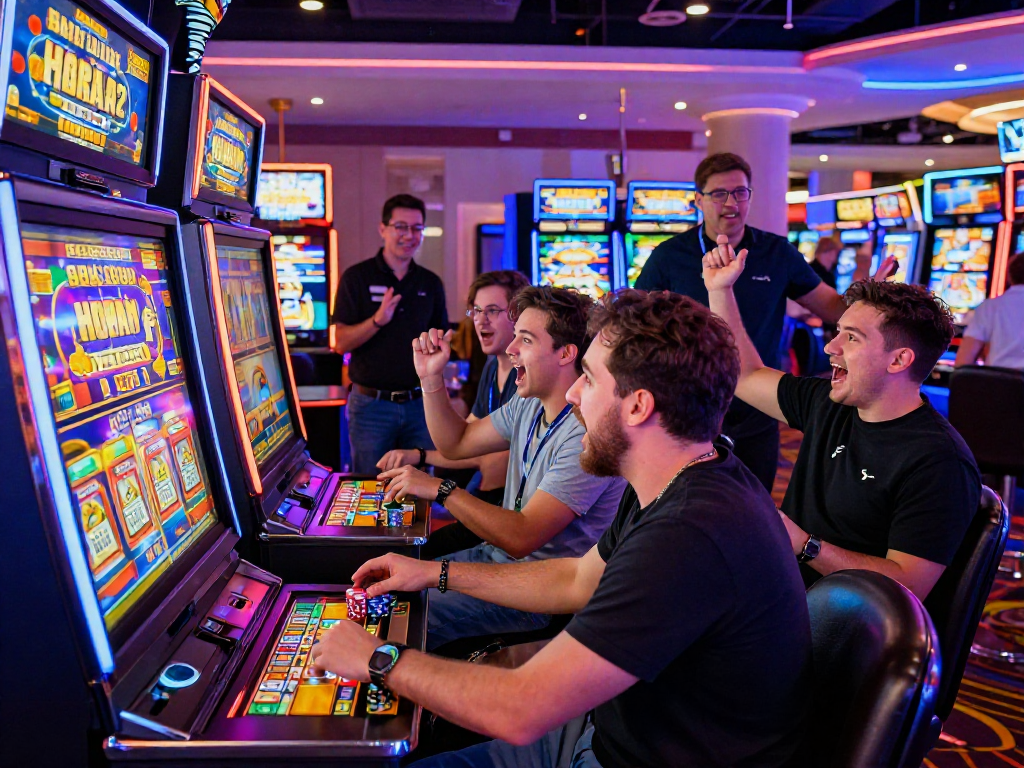 Players engaged with newly released bonus buy slots in a vibrant casino atmosphere, showcasing excitement and energy.