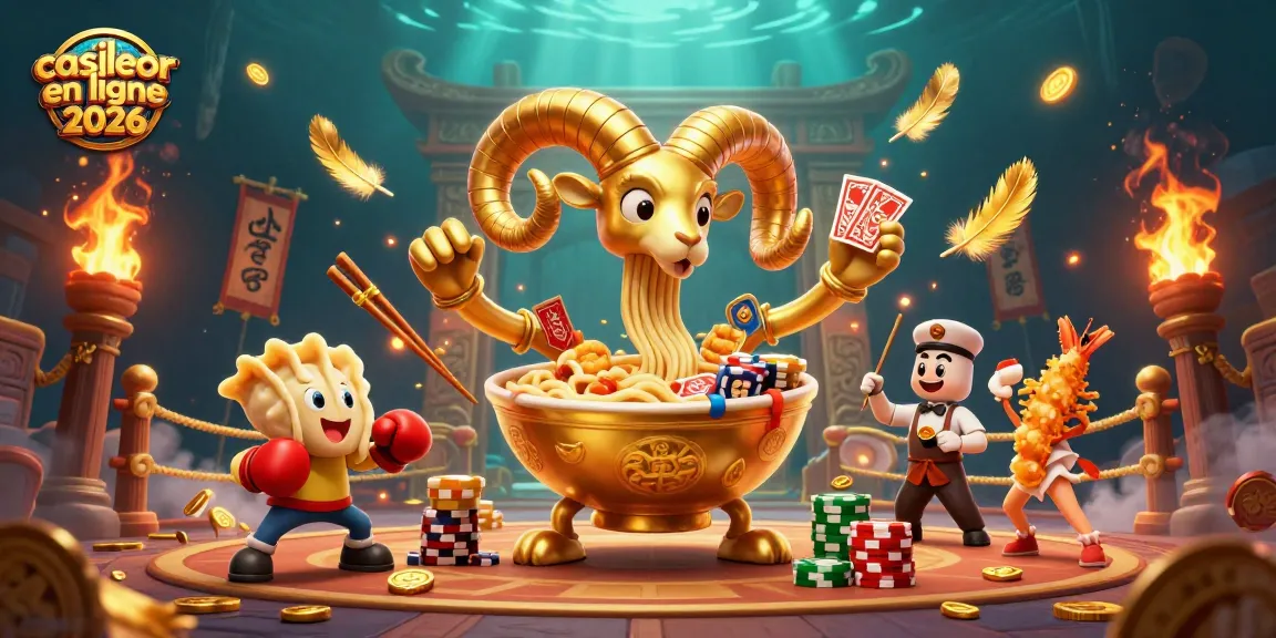 Visuel dynamique du meilleur casino en ligne 2026 avec des personnages de nouilles et sushis en pleine action