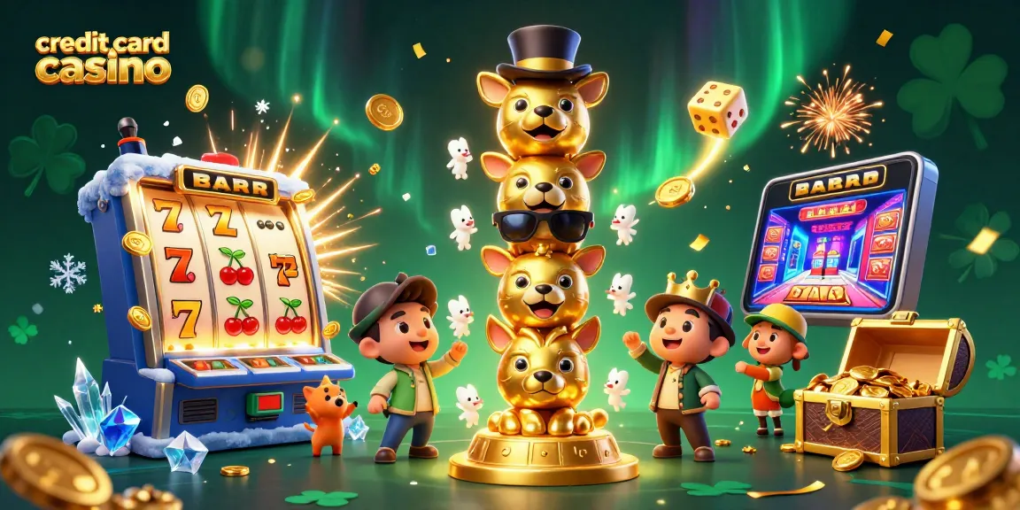 Engage in the vibrant action of credit card casinos with lively elements like totem poles, slot machines, and golden treasures.