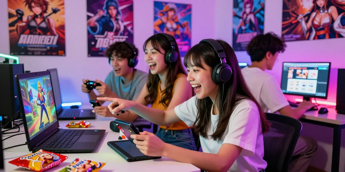 Friends excitedly playing hentai games on multiple devices in a colorful gaming environment.