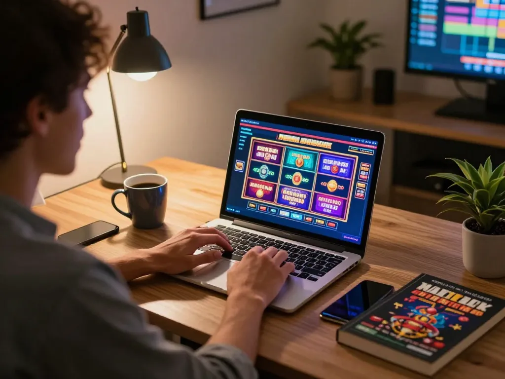 Experience nk 88 gaming at home with a user engaging in online slots on their laptop.