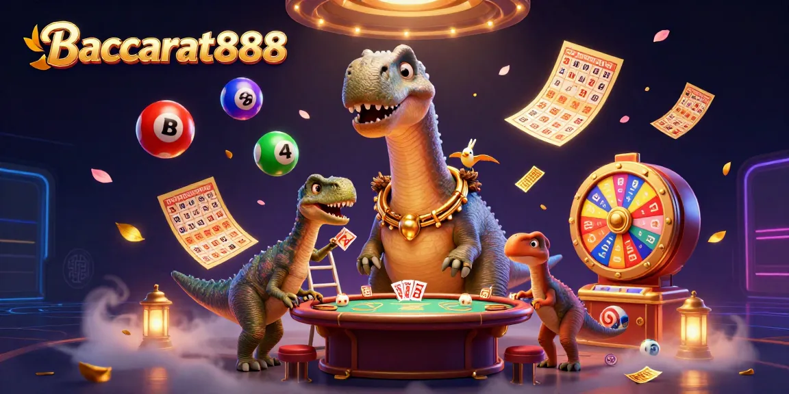 Baccarat888 features a 3D illustration of a giant brontosaurus in a casino while a clever raptor deals cards.