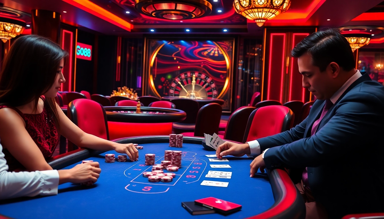 Players enjoying a thrilling poker game at the GO88 casino, capturing excitement and strategy.