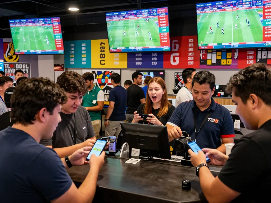 Excited fans engaging in sports betting at TG88, showcasing dynamic betting environment with vibrant atmosphere.