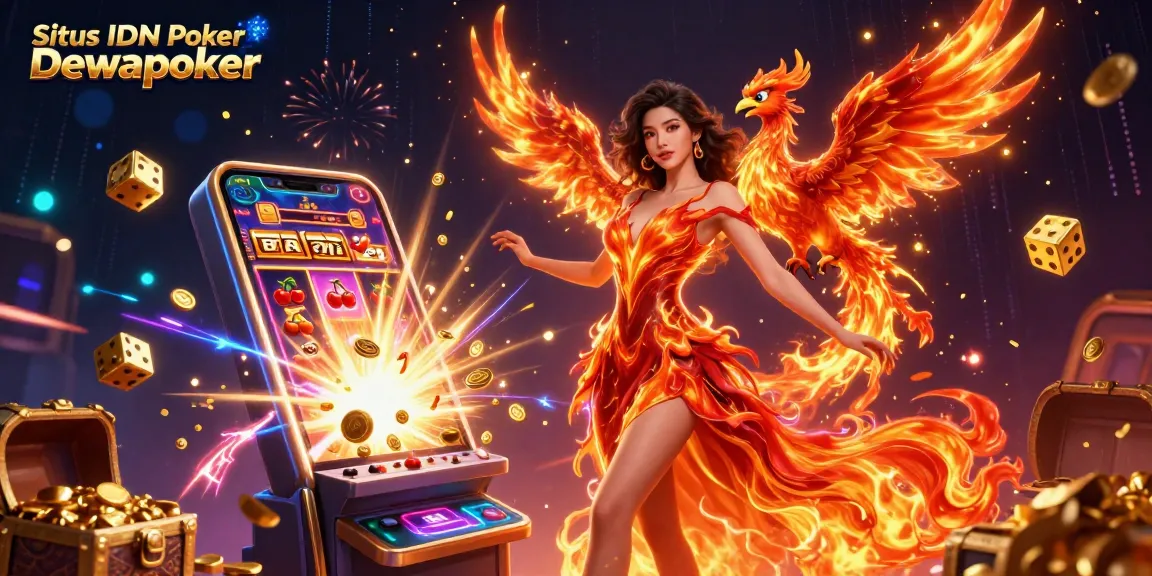 Situs IDN Poker Dewapoker features a stunning Asian woman and fire phoenix in a rich casino scene.