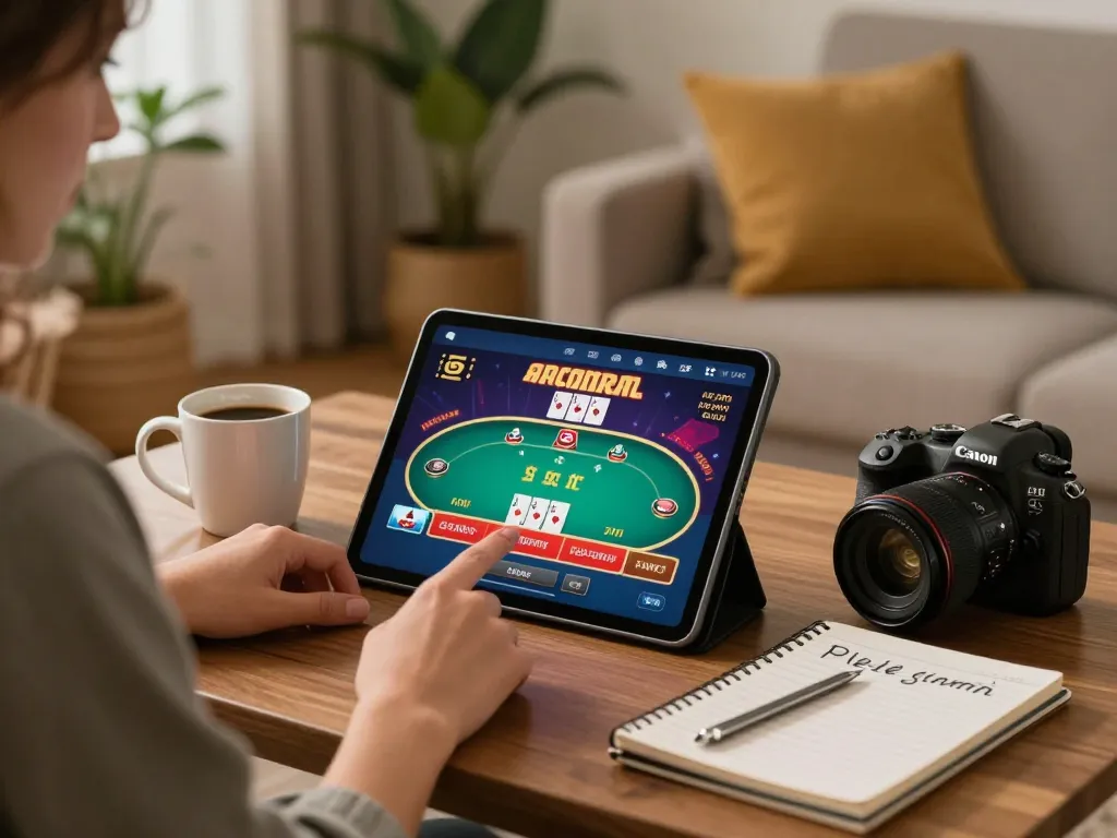 vt88 user enjoying engaging online poker game at home with tablet and coffee