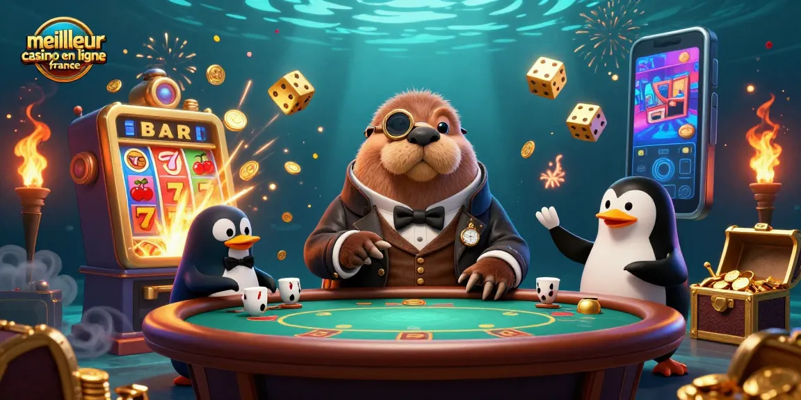 Jouer au meilleur casino en ligne France avec un phoque jolly à une table de poker sous l'eau, entouré d'éléments de jeu.