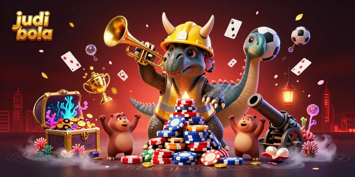 Bet big in judi bola with a vibrant fantasy scene featuring sports-themed characters and casino elements.