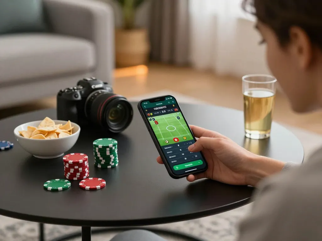 Engaging moment of a user enjoying fb88 sports betting app on their smartphone in a stylish home setup.