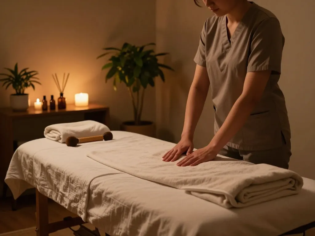 Experience 부전동마사지 in a tranquil spa setting, with soothing oils and a cozy treatment table enhancing relaxation.