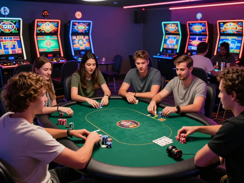 Exciting gaming scene showcasing mantra88 login with friends around a poker table in a lively casino atmosphere.