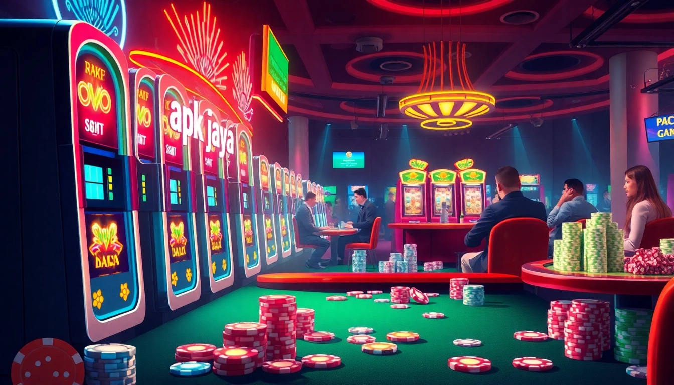 Experience the excitement of apk jaya at a luxurious casino with vibrant slot machines and lively gaming tables.
