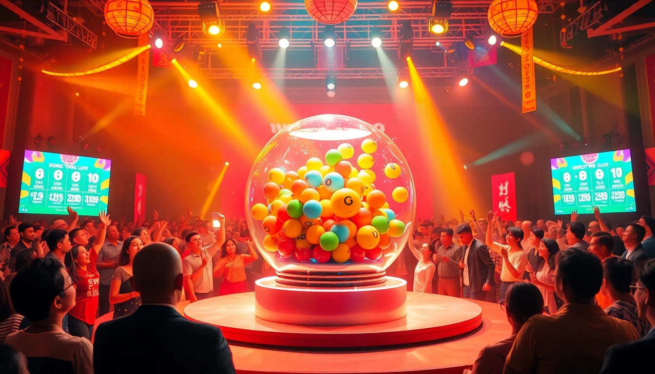 Exciting scene of a Song thủ lô lottery draw with a vibrant crowd and colorful lottery balls.