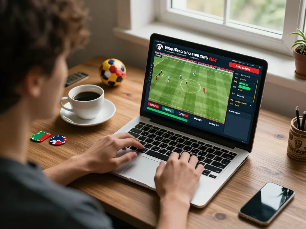 Engaged in bóng đá lu betting analysis at a cozy home gaming setup with laptop.