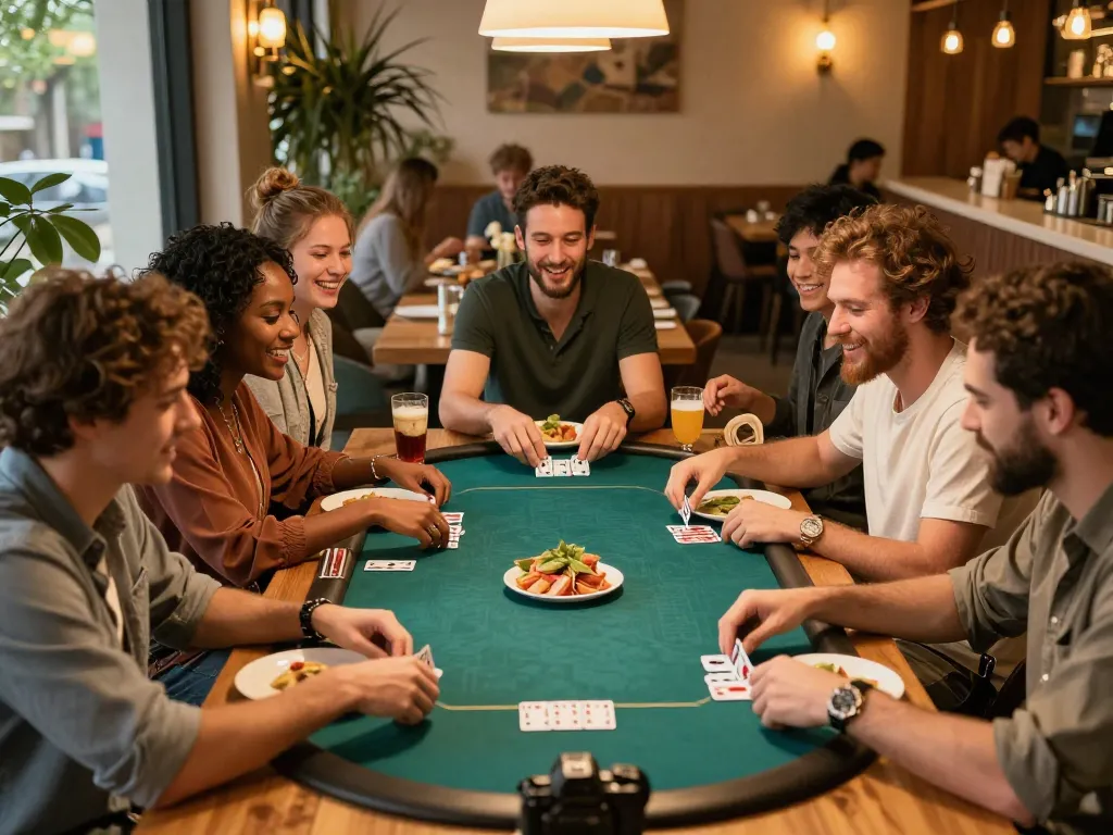 Group at POKERSERI enjoying poker games and delicious food in a vibrant restaurant atmosphere.
