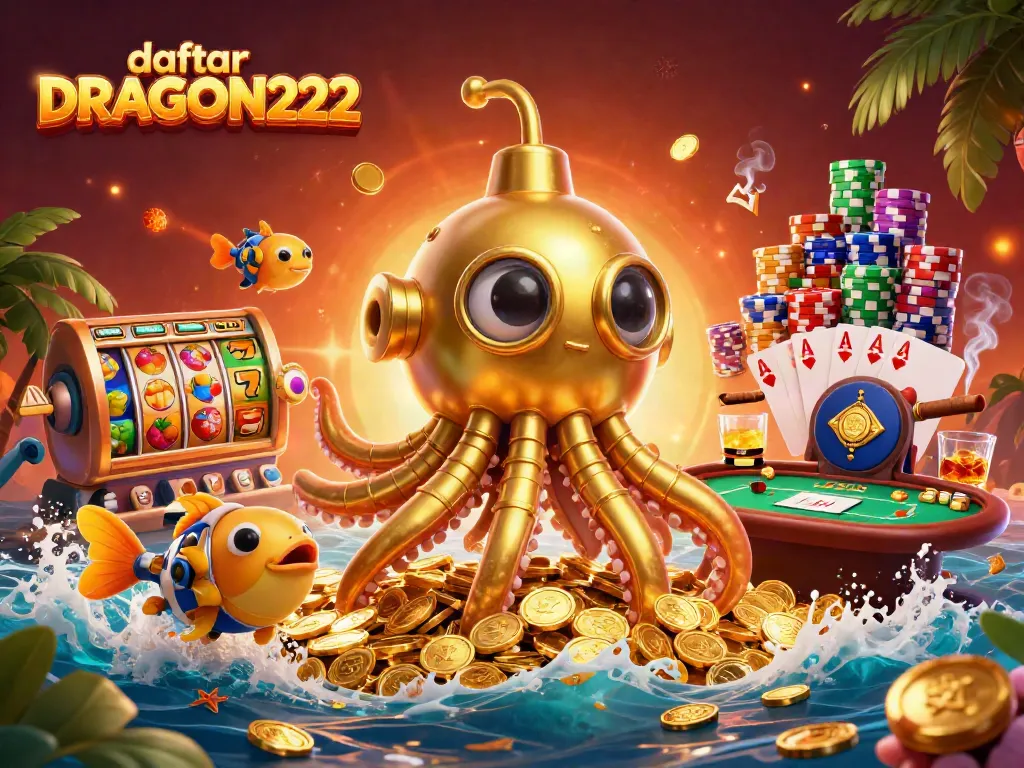 Experience the thrill of daftar DRAGON222 with vibrant slot reels and golden coins in an exciting gaming scene.