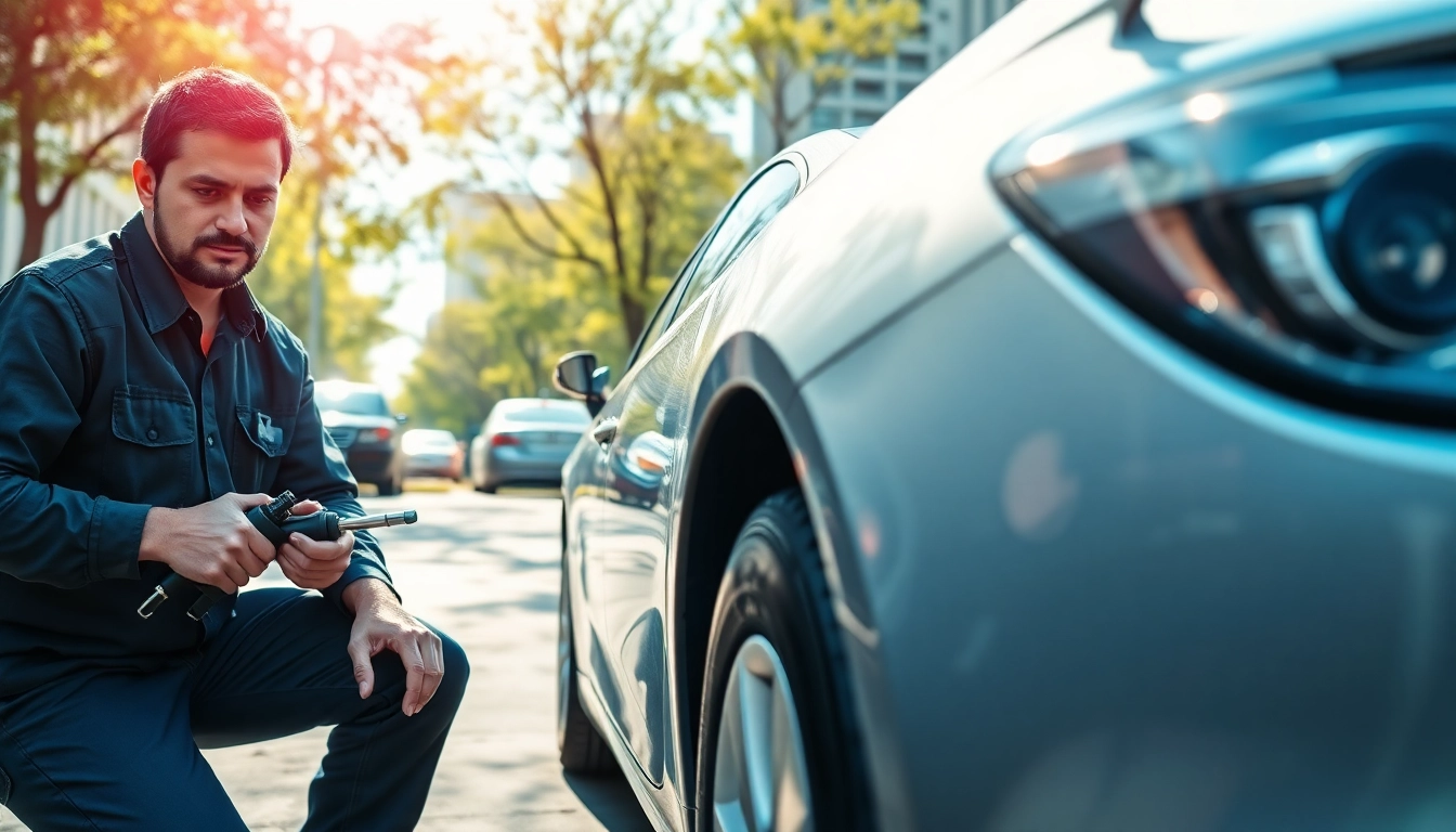 Mobile car repair technician skillfully working on a vehicle in an urban environment.