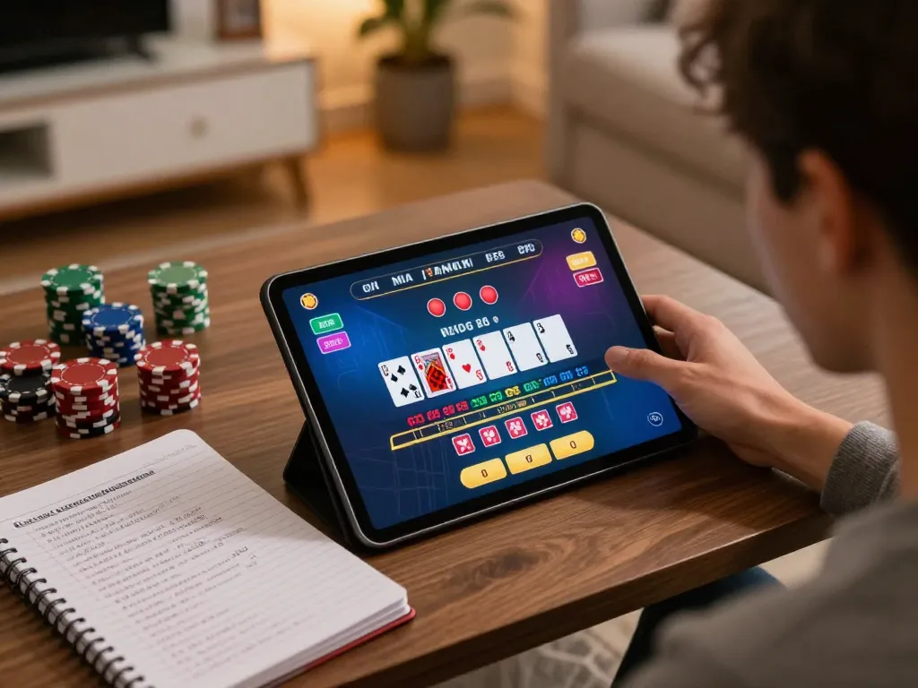 Player engages in gajah toto live dealer blackjack game on tablet at home with strategy notes