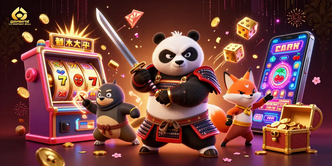 A captivating 3D illustration for a general interest blog, featuring a samurai panda and ninja fox amidst a jackpot explosion in a vibrant casino scene.
