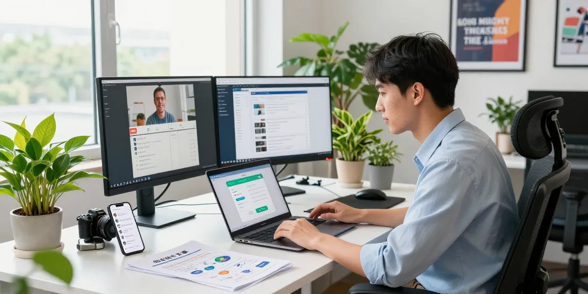 Engaging workspace with a young professional downloading 纸飞机下载 on a laptop, highlighting modern tech communication.