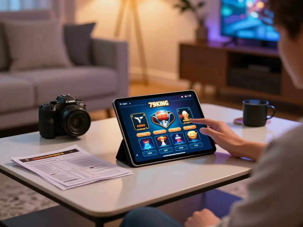 Engaging with the Nhà cái 79king casino app on a modern tablet in a cozy living area, highlighting strategic gameplay.