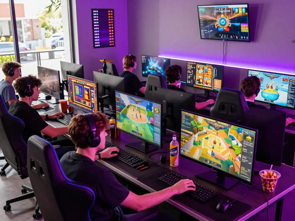 Engaged players in a vibrant gaming lobby for mantra88 login, featuring neon purple decor and dynamic game interfaces.