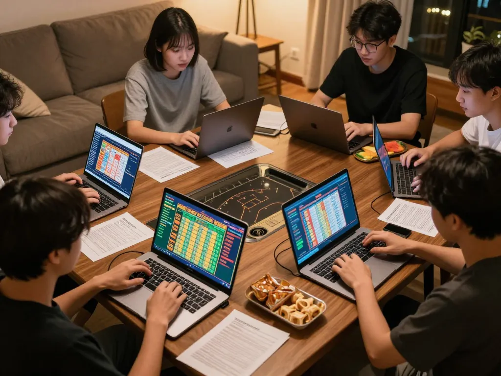 Lô đề online betting session with players on laptops, showing excitement and friendly competition.