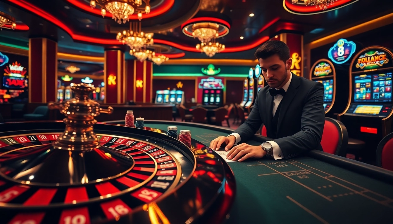 Experience LUCK8's sophisticated gaming atmosphere with luxury casino tables and vibrant slot machines.