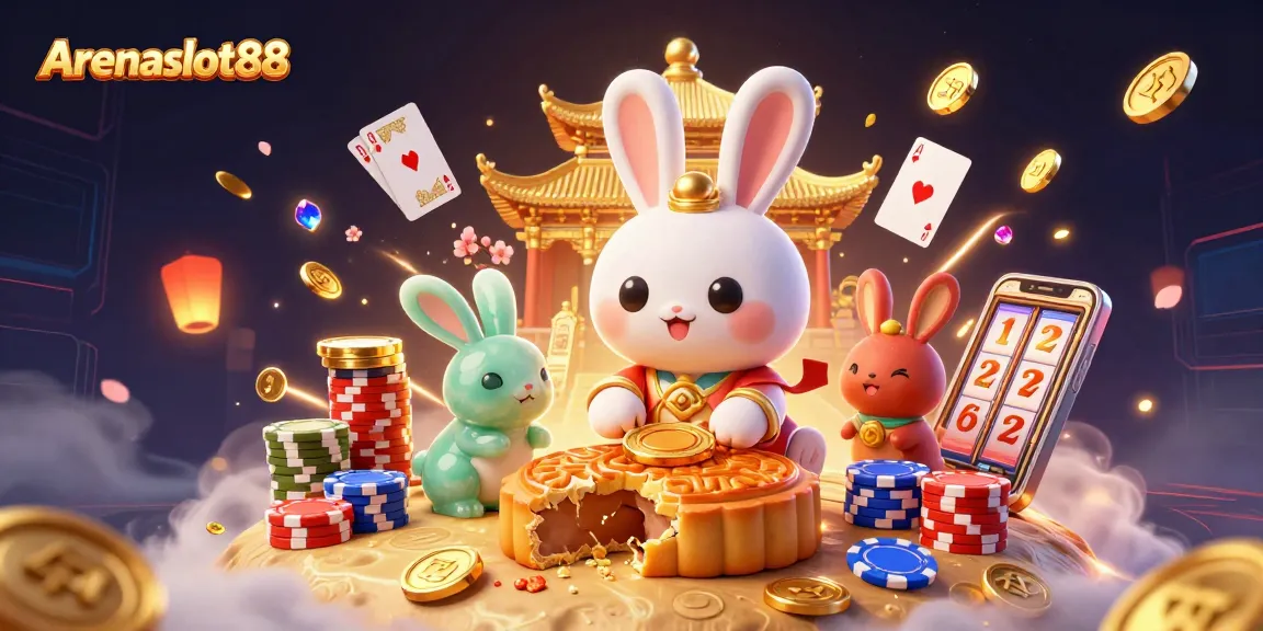 Arenaslot88 showcases a vibrant 3D illustration of a moon rabbit and jade companion amidst festive casino elements, symbolizing fun and excitement.