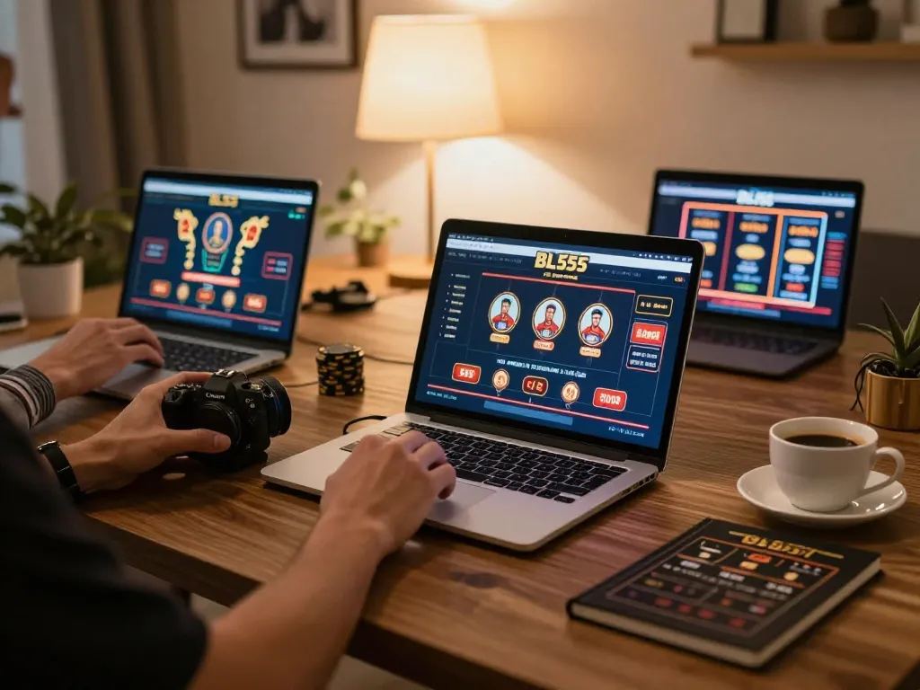 Engaging with BL555 casino games on a laptop in a cozy home setting, showcasing strategic gambling.