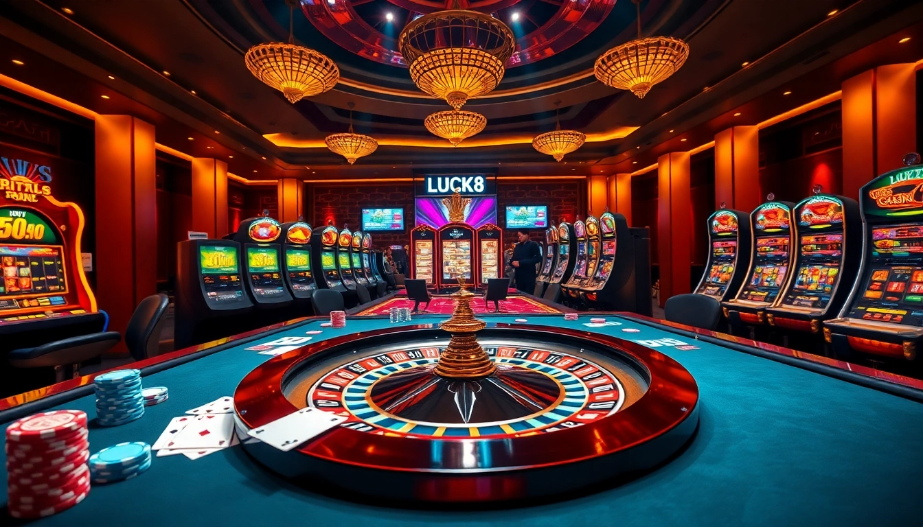 LUCK8 casino scene with elegant card games and vibrant slot machines in a luxurious setting.