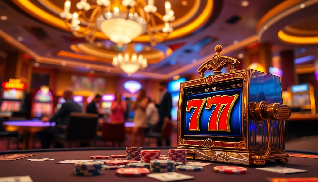 Players celebrating a win at a luxurious Slot 777 machine in a vibrant casino.
