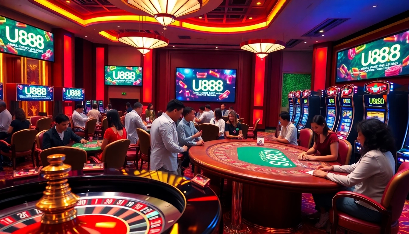 Experience thrilling gameplay at U888 with vibrant casino elements like roulette and poker tables.