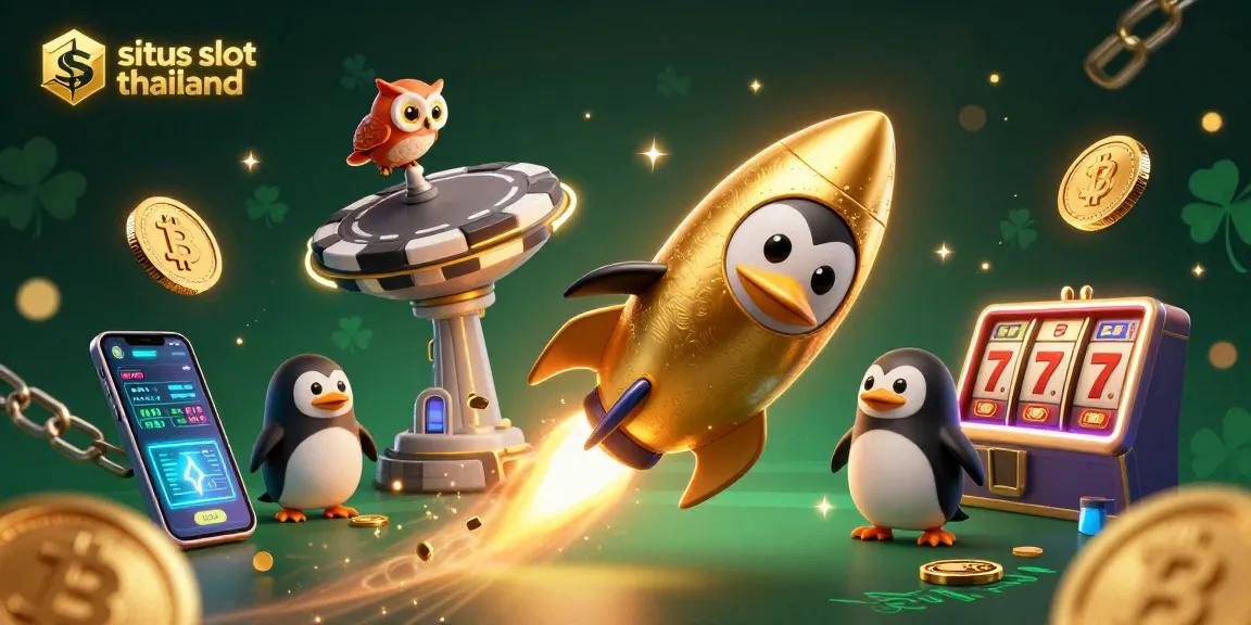Win big with situs slot thailand as a golden penguin flies through a vibrant casino universe!