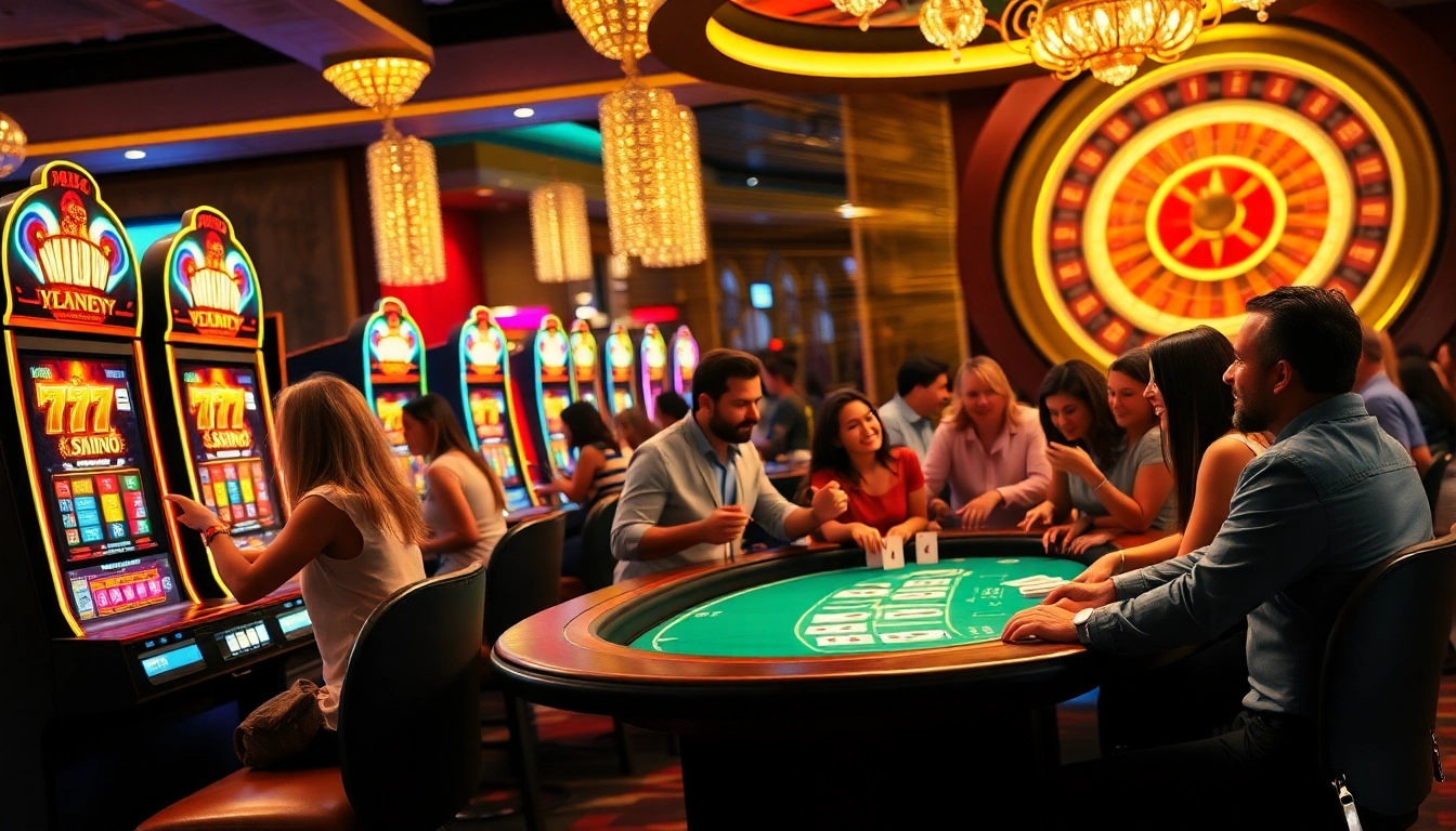 Players enjoying the exciting new77 slot game in a vibrant casino setting.