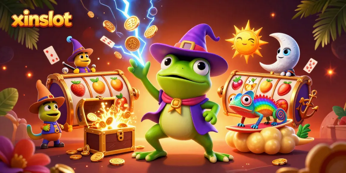 XINSLOT players spinning slot reels amidst a storm of golden coins and vibrant characters.