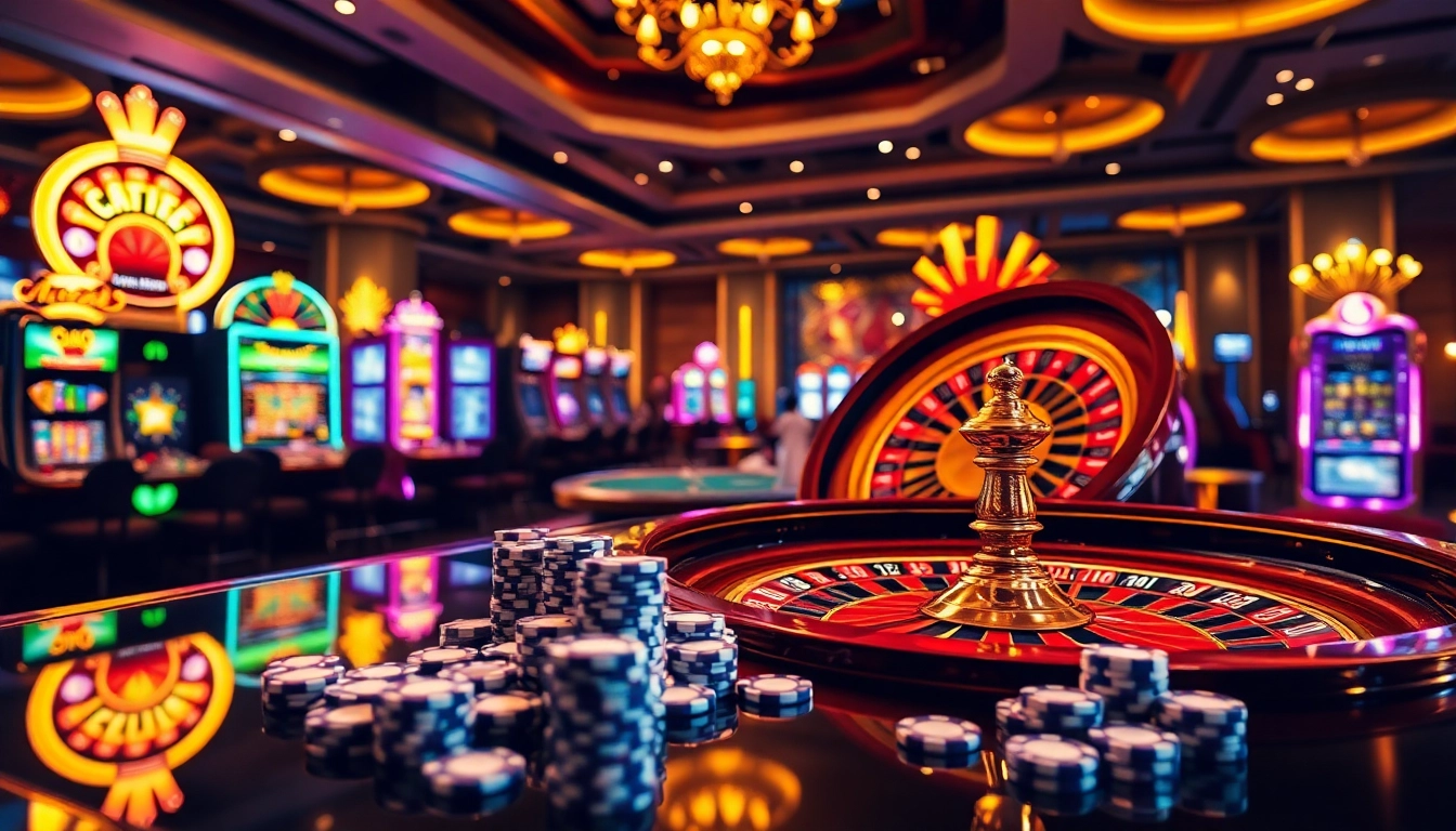 Experience the thrill of gambling at https://saobet.website/ with a luxurious casino scene featuring roulette and slots.