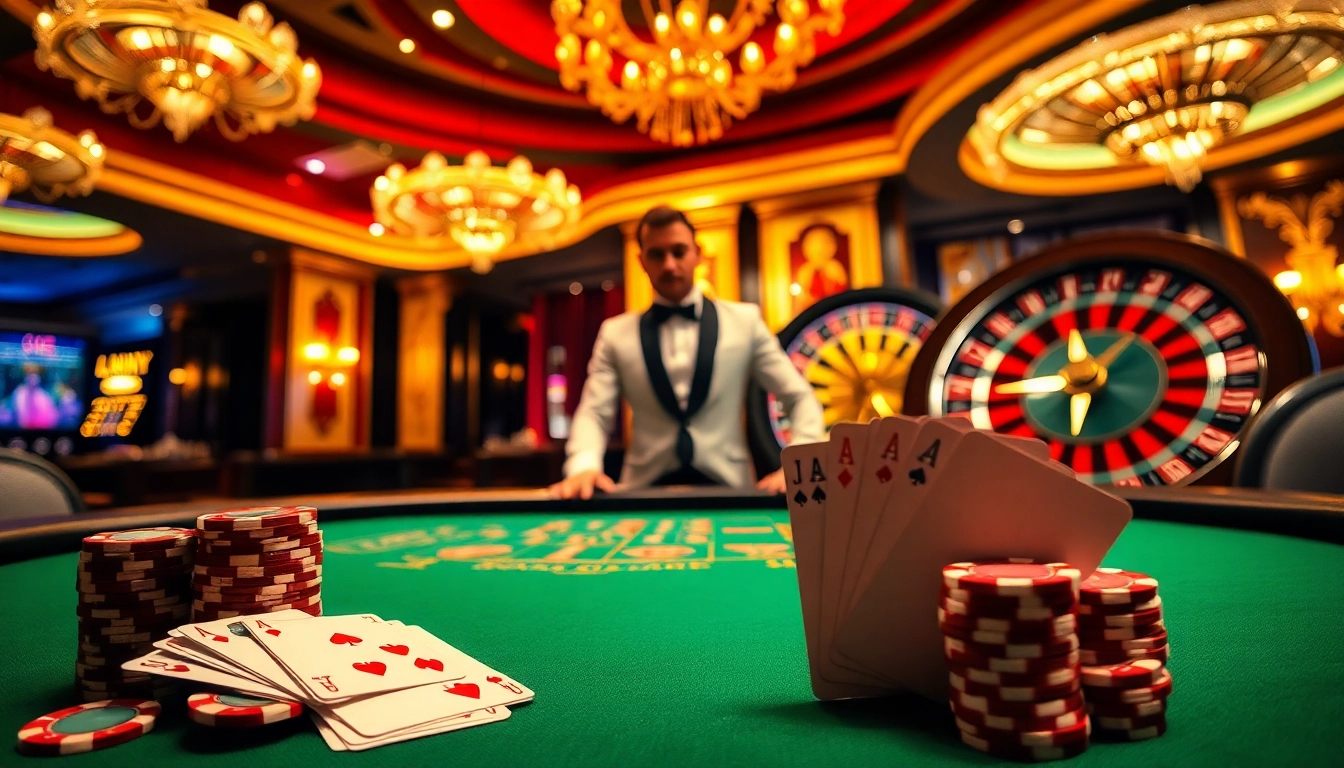 Gambling excitement at https://hbbet5.art/ with poker chips, cards, and a spinning roulette wheel.