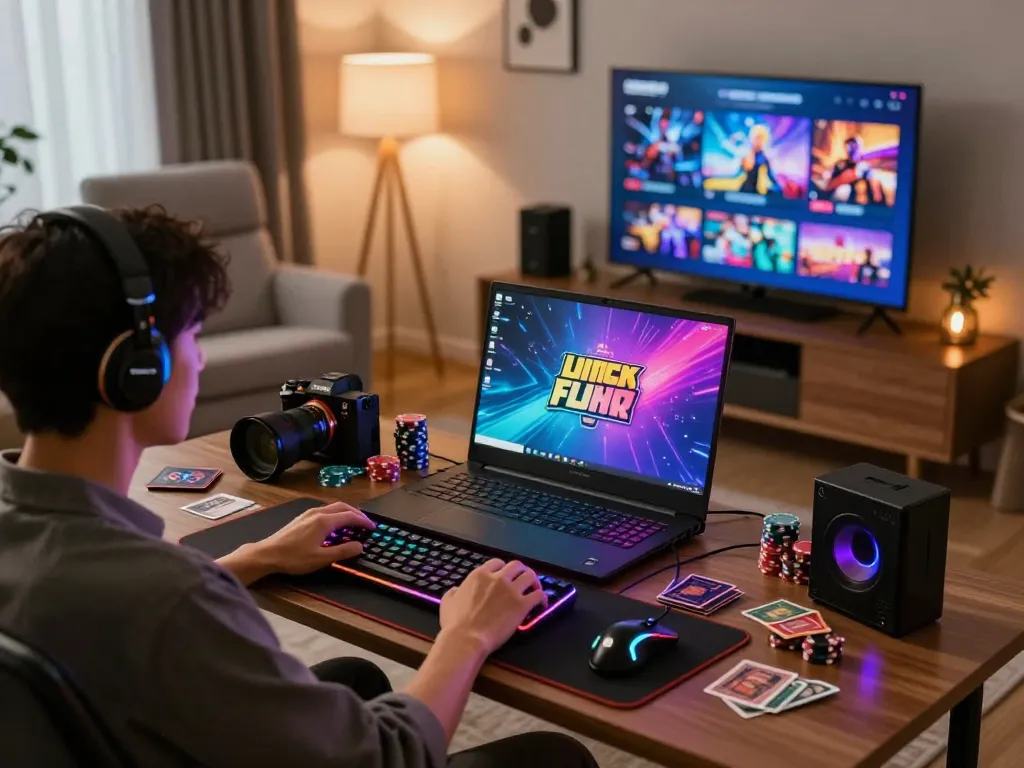 Exciting online gaming scene at sc881.COM featuring a dynamic gaming setup, laptop and accessories illuminating a cozy living room.